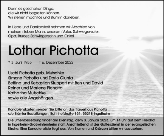 Traueranzeigen Von Lothar Pichotta Vrm Trauer De