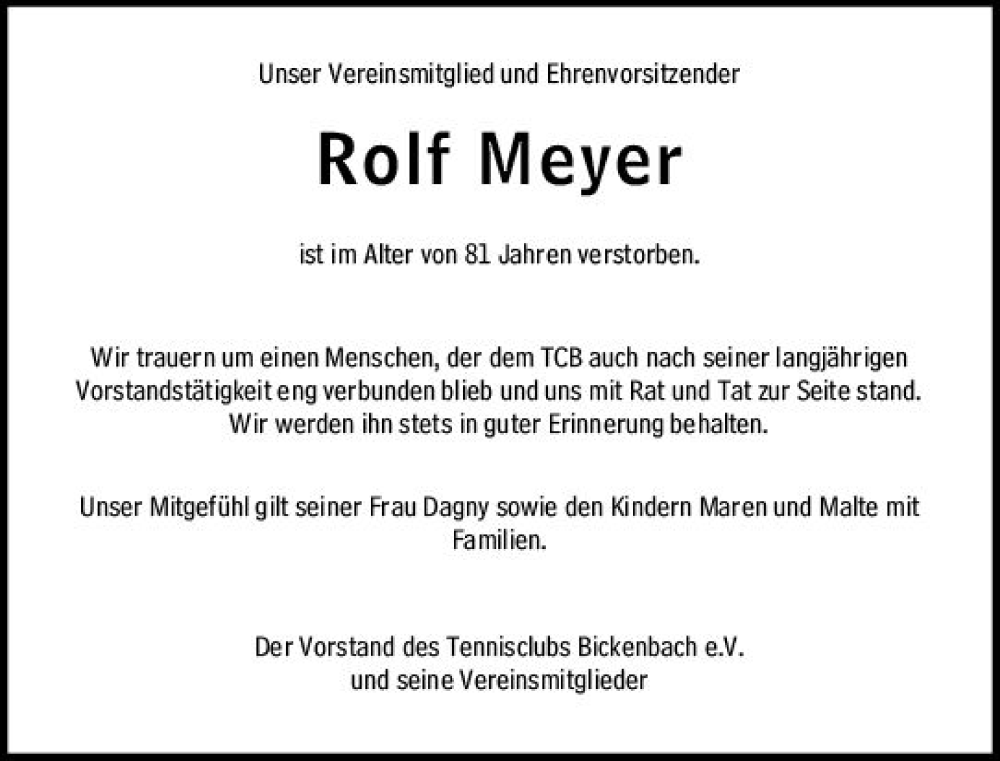 Traueranzeigen Von Rolf Meyer Vrm Trauer De