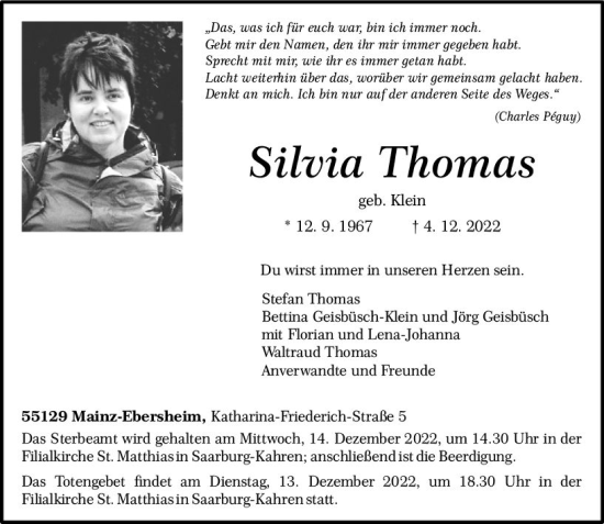 Traueranzeigen Von Silvia Thomas Vrm Trauer De