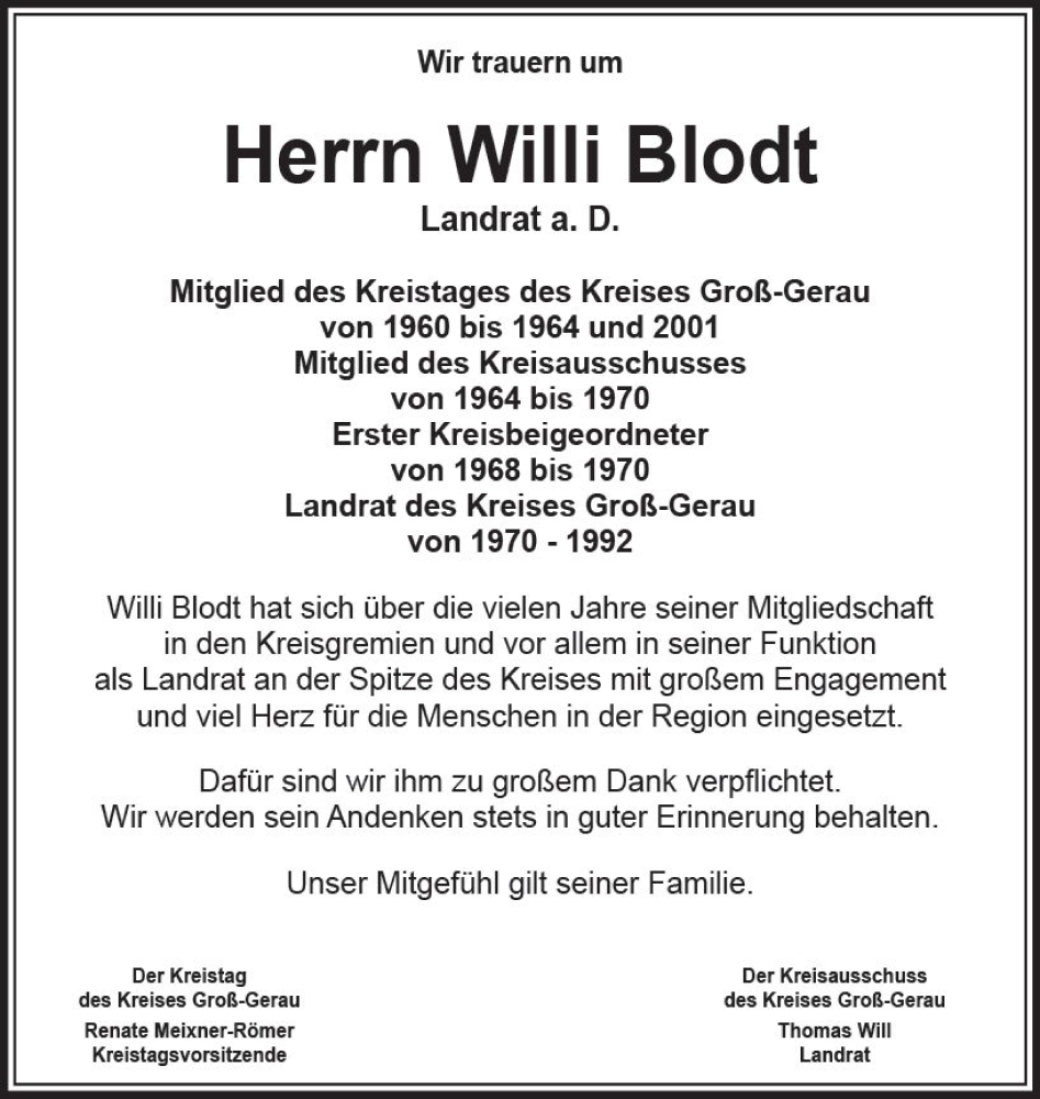 Traueranzeigen Von Willi Blodt Vrm Trauer De