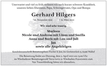 Traueranzeigen Von Gerhard Hilgers Vrm Trauer De