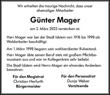 Traueranzeigen von Günter Mager vrm trauer de