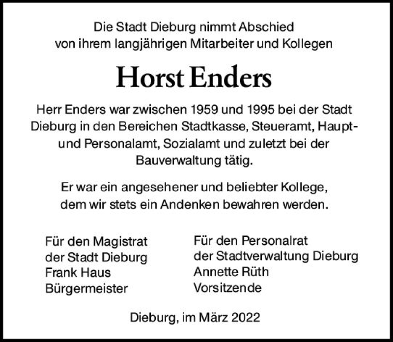 Traueranzeigen Von Horst Enders Vrm Trauer De