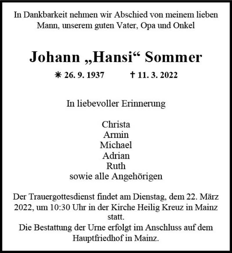 Traueranzeigen Von Johann Sommer Vrm Trauer De