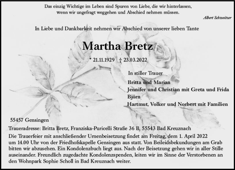 Traueranzeigen Von Martha Bretz Vrm Trauer De