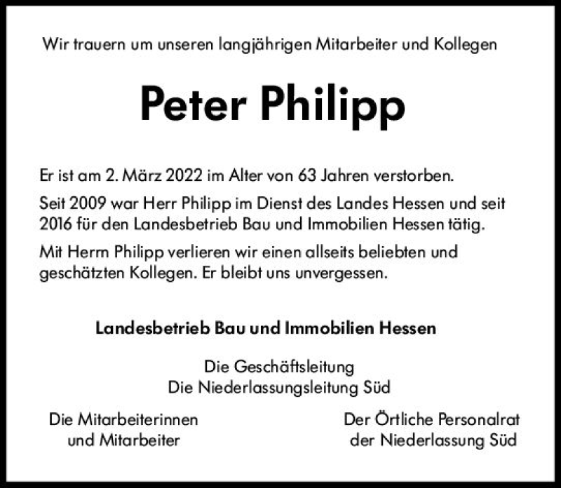 Traueranzeigen Von Peter Philipp Vrm Trauer De