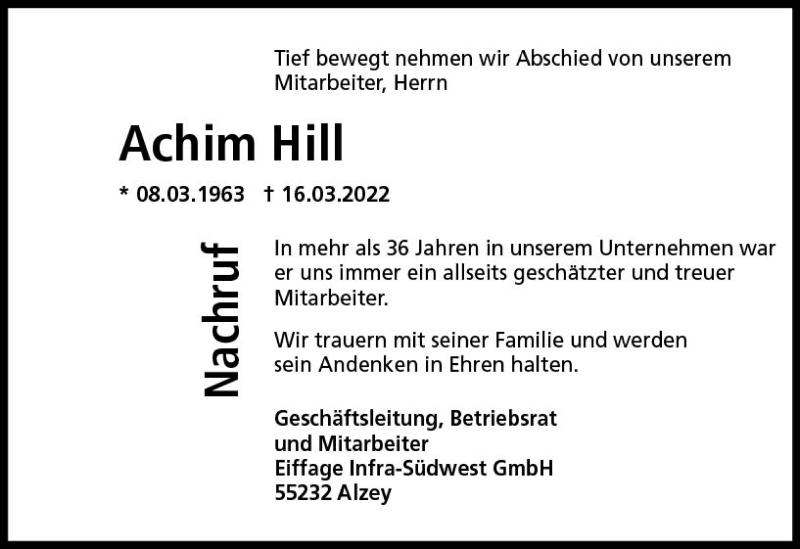 Traueranzeigen Von Achim Hill Vrm Trauer De