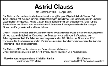 Traueranzeigen Von Astrid Clauss Vrm Trauer De