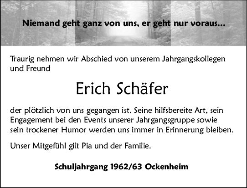 Traueranzeigen von Erich Schäfer vrm trauer de