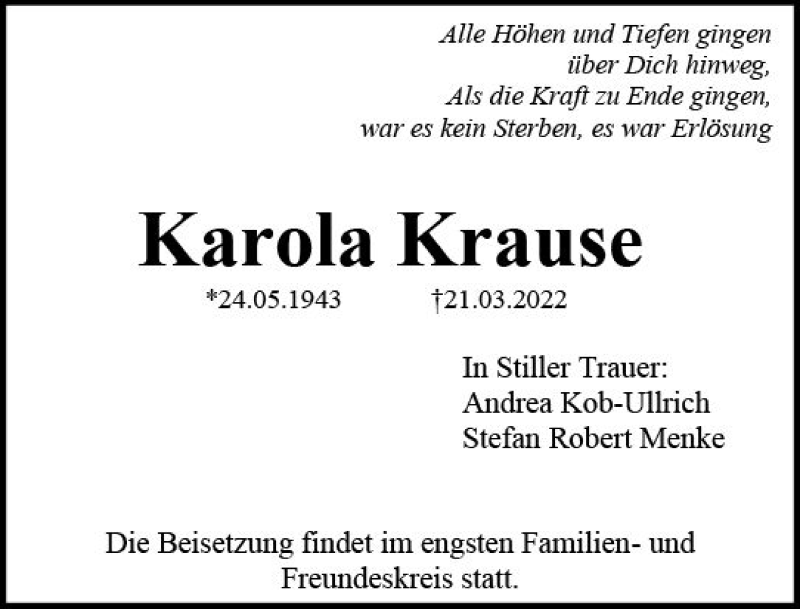 Traueranzeigen Von Karola Krause Vrm Trauer De