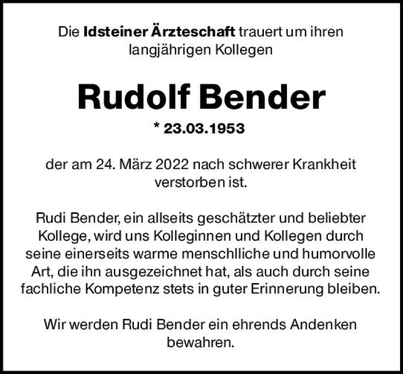 Traueranzeigen Von Rudolf Bender Vrm Trauer De