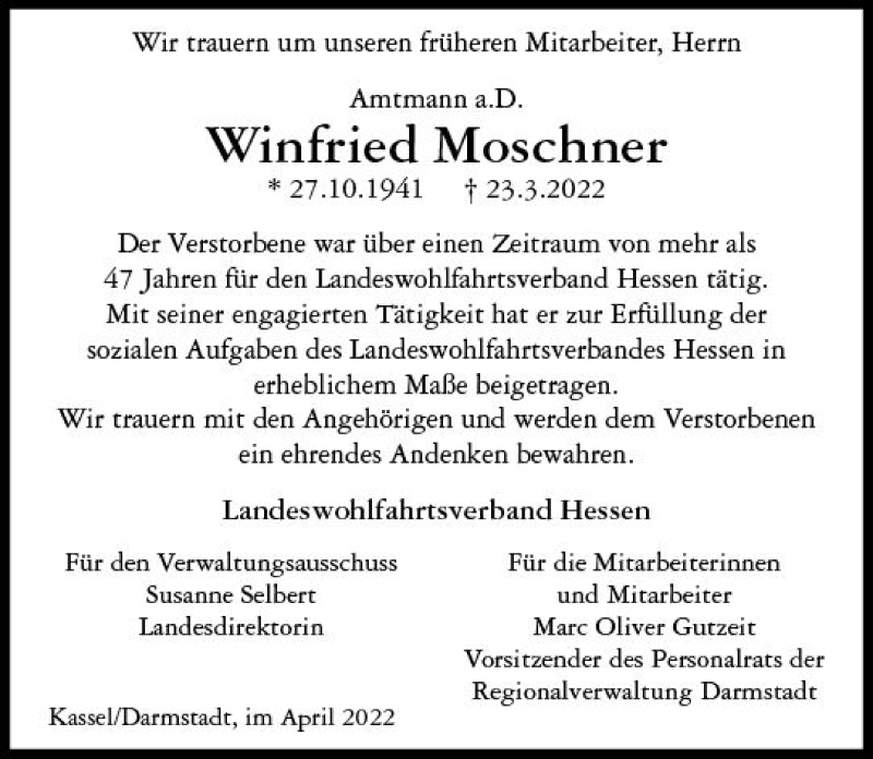 Traueranzeigen Von Winfried Moschner Vrm Trauer De