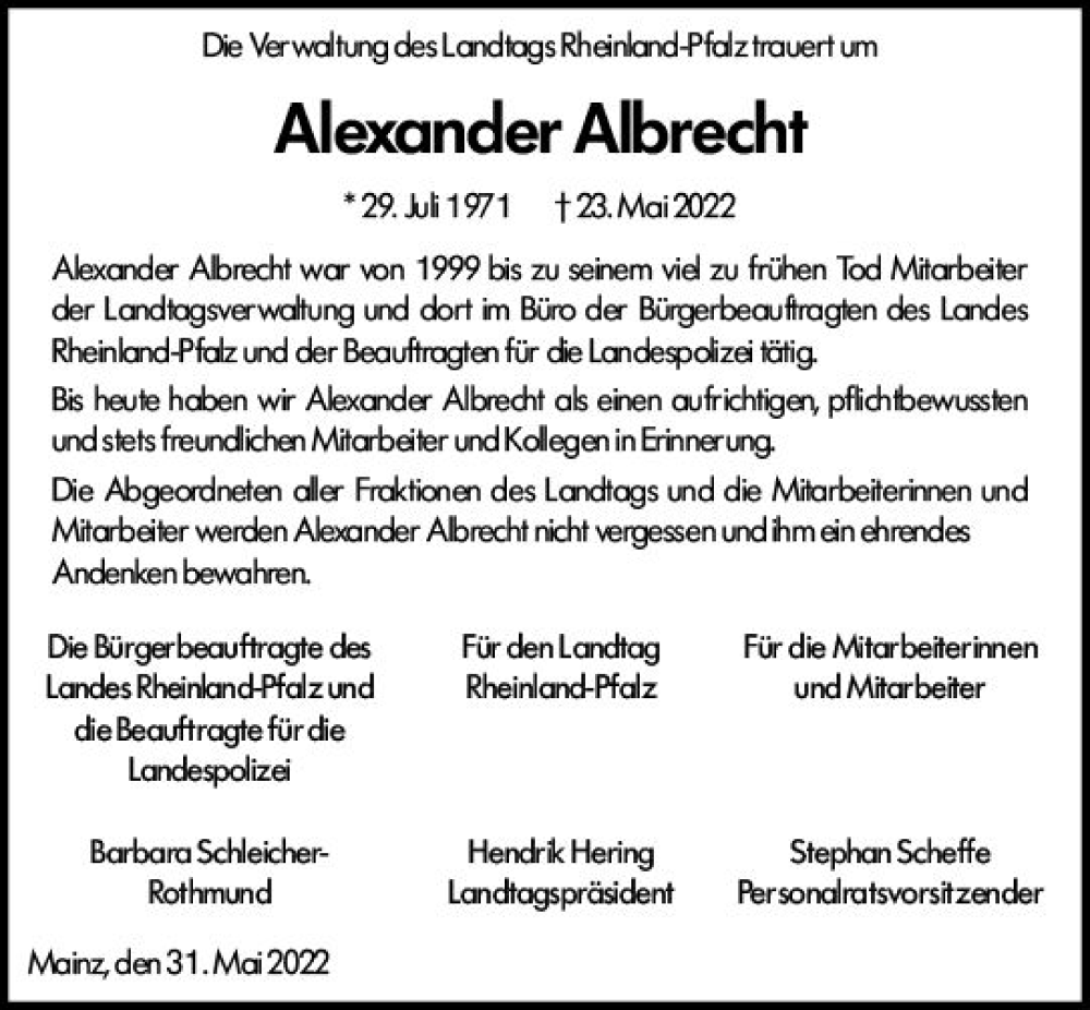 Traueranzeigen Von Alexander Albrecht Vrm Trauer De