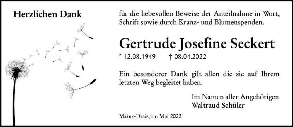 Traueranzeigen Von Gertrude Josefine Seckert Vrm Trauer De