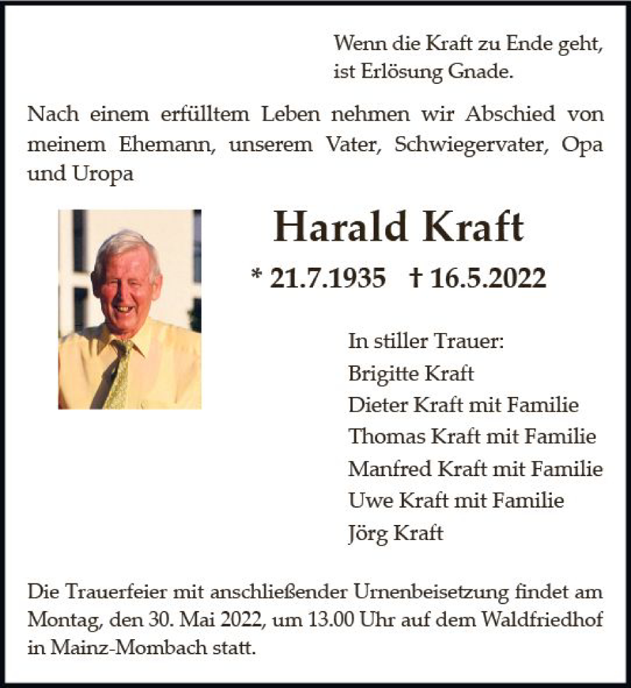 Traueranzeigen Von Harald Kraft Vrm Trauer De