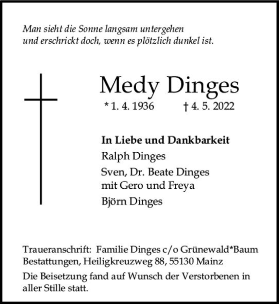 Traueranzeigen Von Medy Dinges Vrm Trauer De