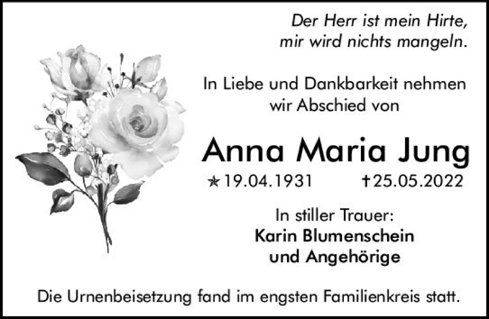 Traueranzeigen Von Anna Maria Jung Vrm Trauer De