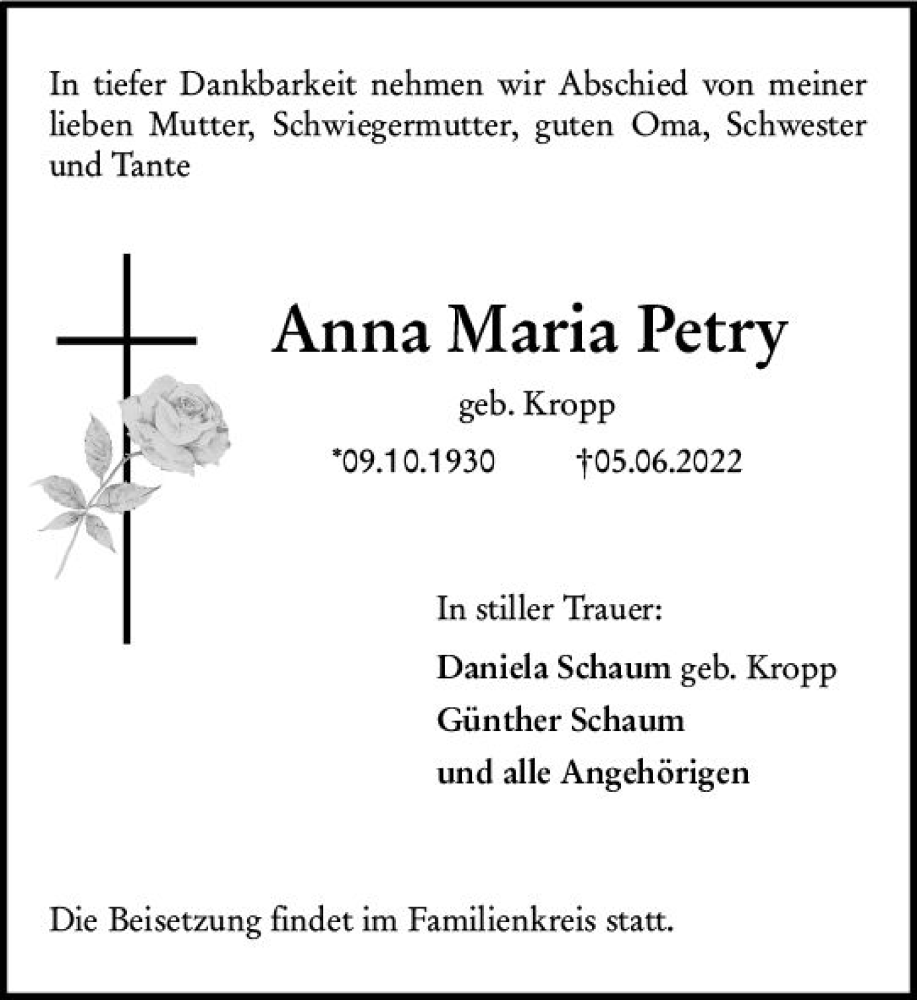 Traueranzeigen Von Anna Maria Petry Vrm Trauer De