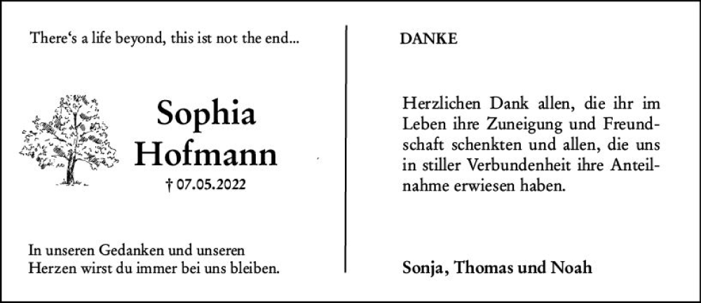 Traueranzeigen Von Sophia Hofmann Vrm Trauer De