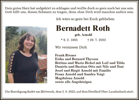 Traueranzeigen Von Bernadett Roth Vrm Trauer De