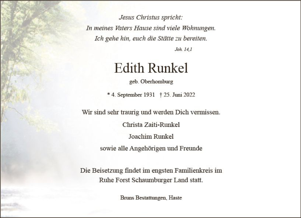 Traueranzeigen Von Edith Runkel Vrm Trauer De