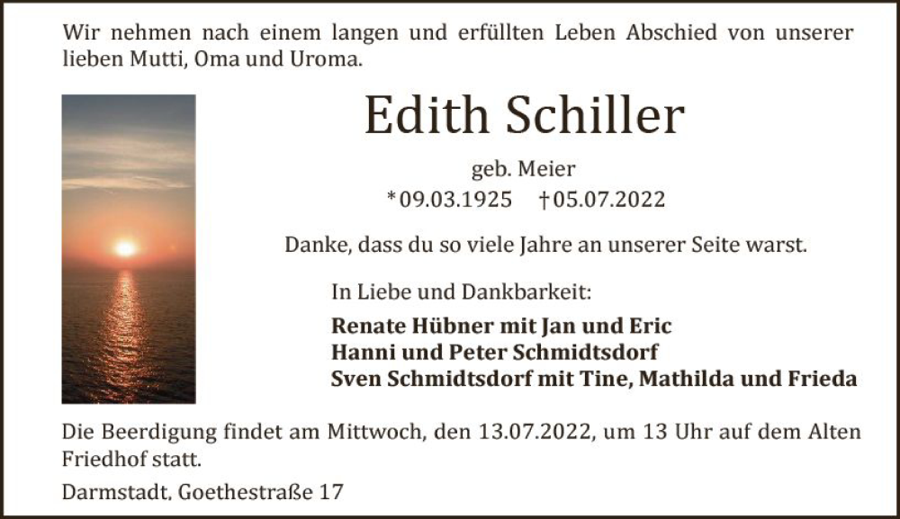 Traueranzeigen Von Edith Schiller Vrm Trauer De