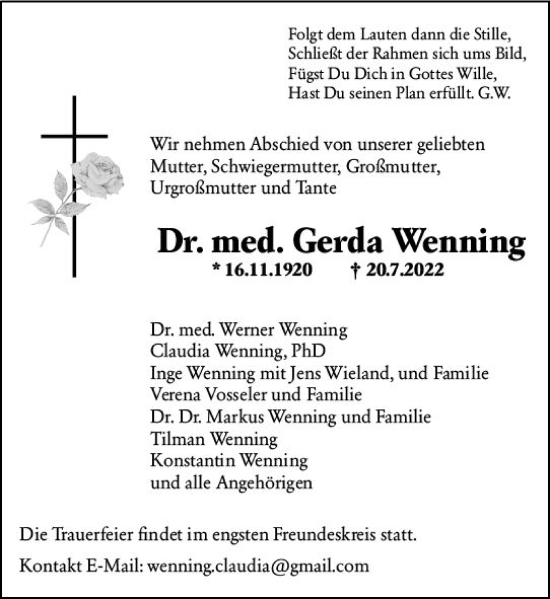 Traueranzeigen Von Gerda Wenning Vrm Trauer De