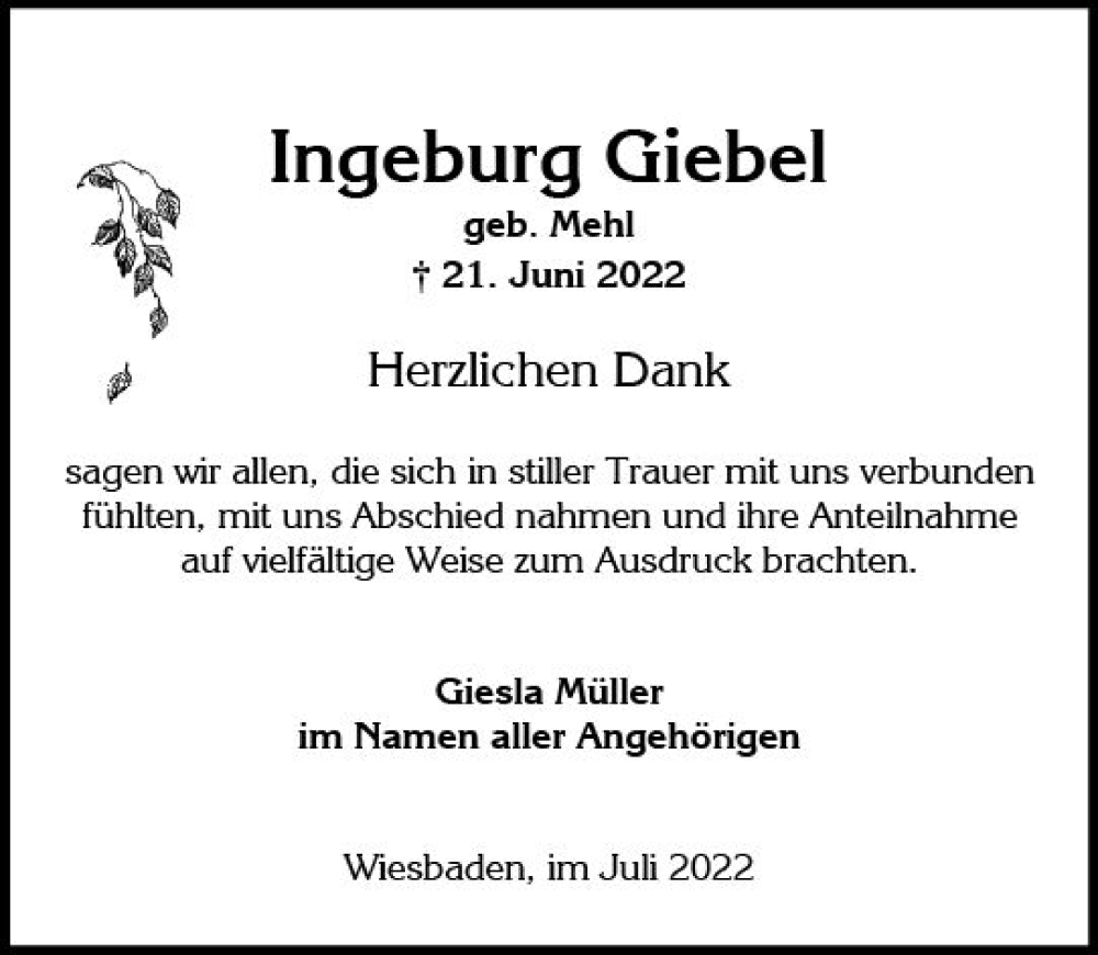 Traueranzeigen Von Ingeburg Giebel Vrm Trauer De