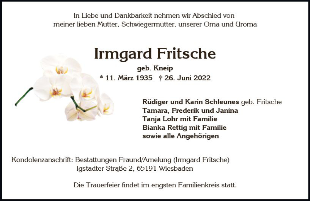 Traueranzeigen Von Irmgard Fritsche Vrm Trauer De