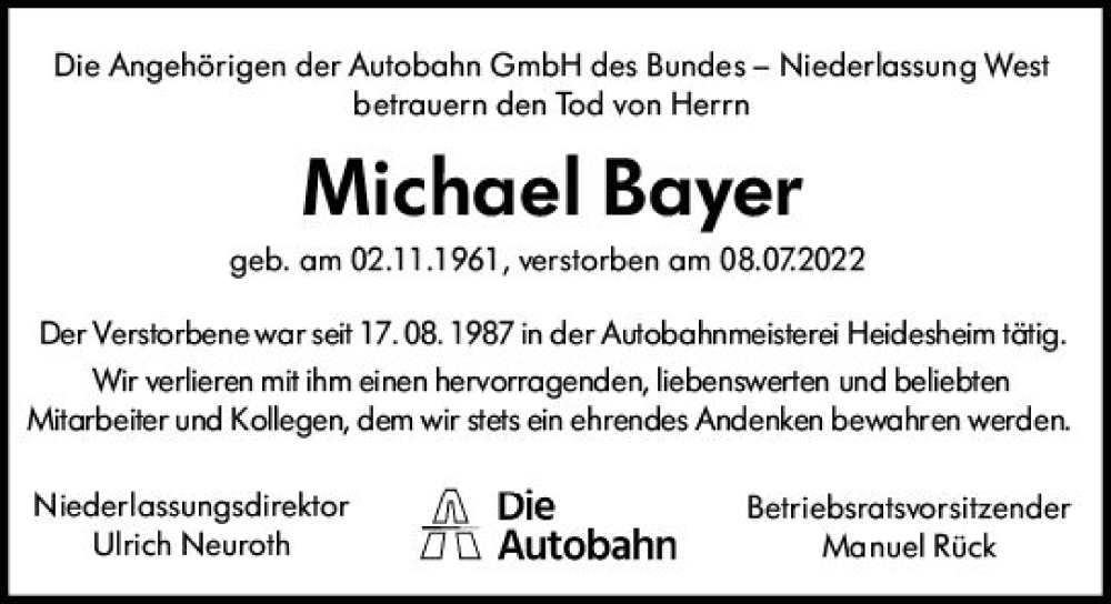 Traueranzeigen Von Michael Bayer Vrm Trauer De