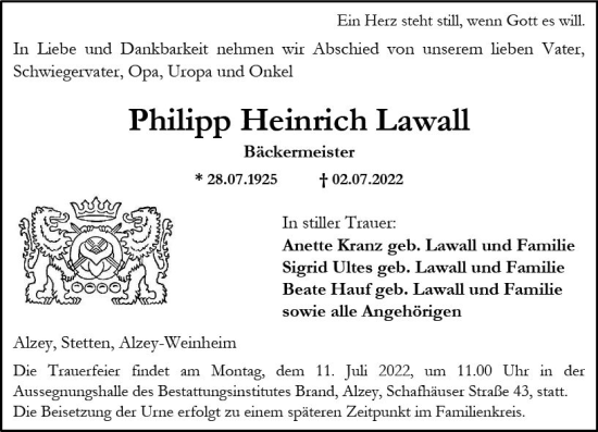 Traueranzeigen Von Philipp Heinrich Lawall Vrm Trauer De