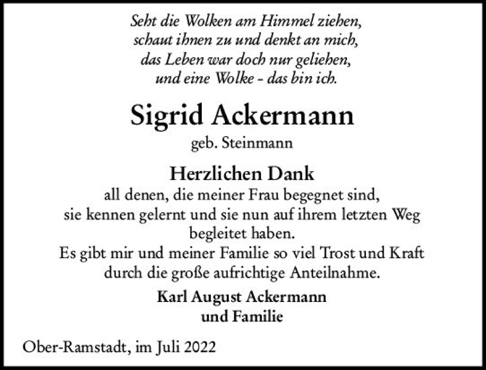 Traueranzeigen Von Sigrid Ackermann Vrm Trauer De