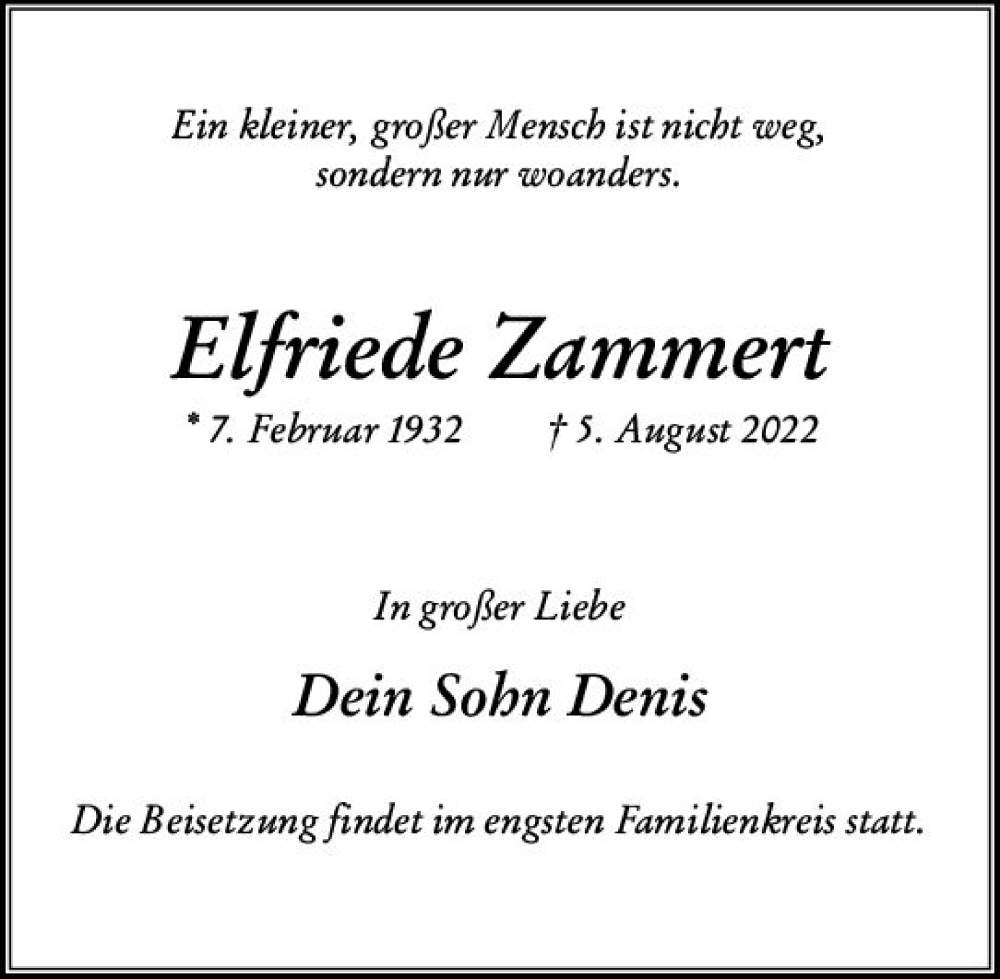 Traueranzeigen Von Elfriede Zammert Vrm Trauer De