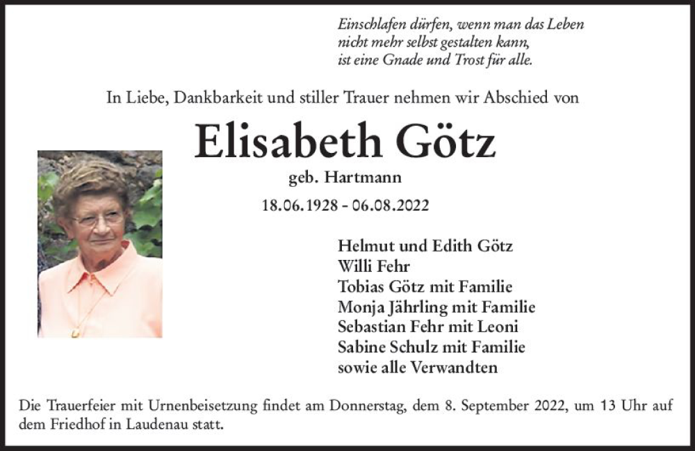 Traueranzeigen von Elisabeth Götz vrm trauer de