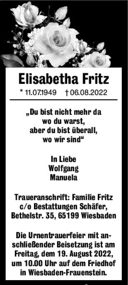 Traueranzeigen Von Elisabetha Fritz Vrm Trauer De