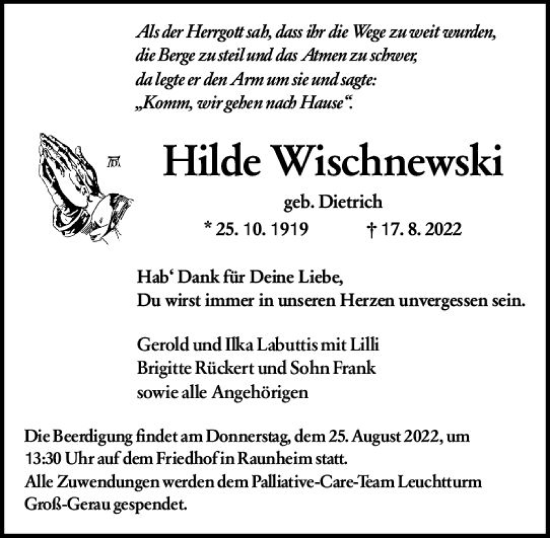 Traueranzeigen Von Hilde Wischnewski Vrm Trauer De