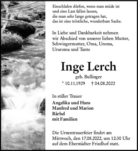 Traueranzeigen Von Inge Lerch Vrm Trauer De