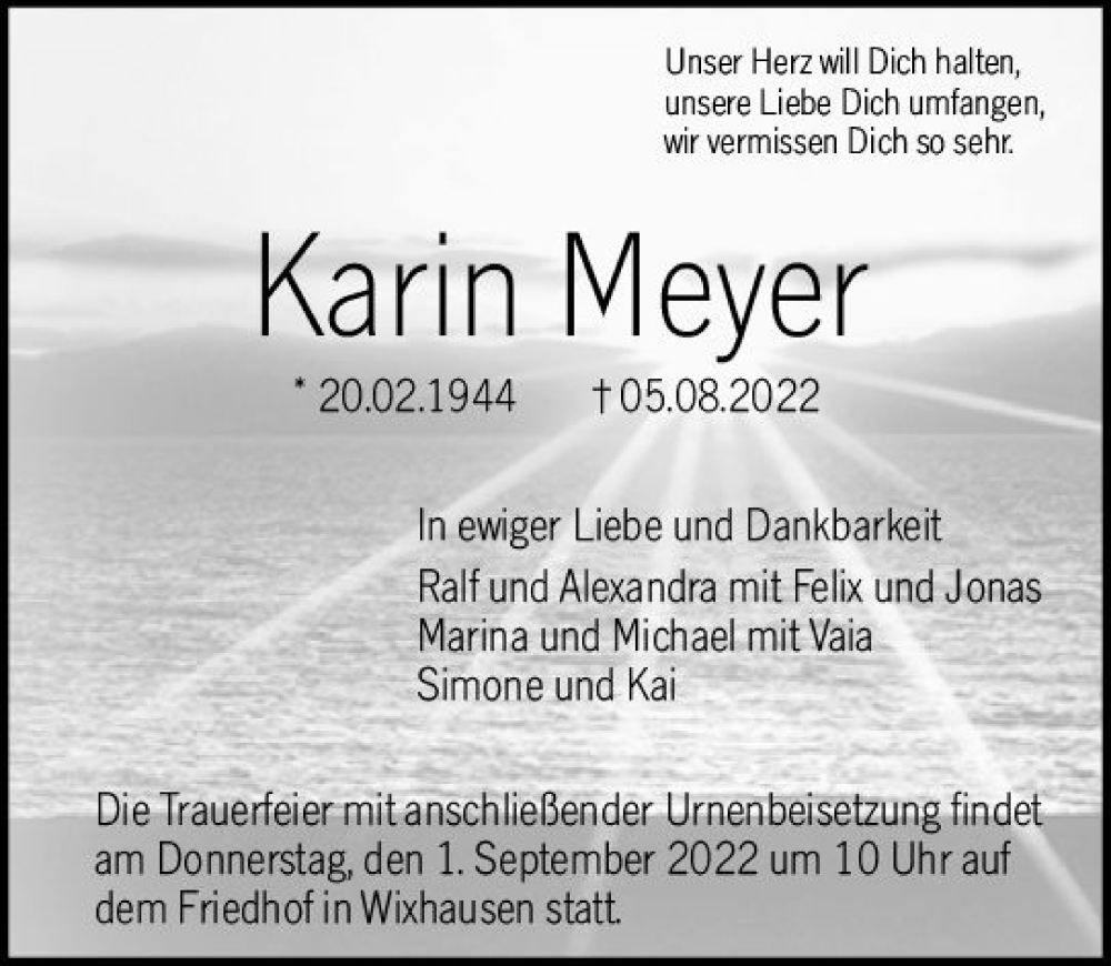 Traueranzeigen Von Karin Veyer Vrm Trauer De