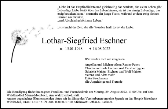 Traueranzeigen Von Lothar Siegfried Eschner Vrm Trauer De