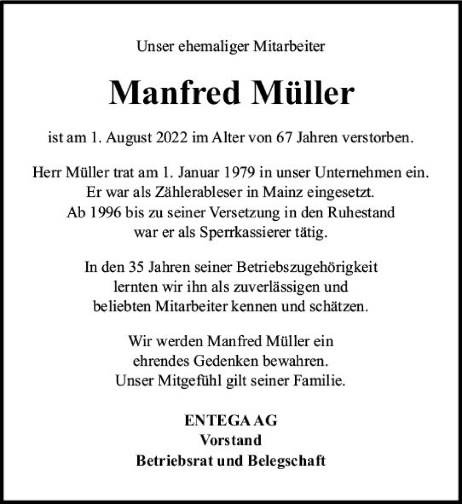 Traueranzeigen von Manfred Müller vrm trauer de