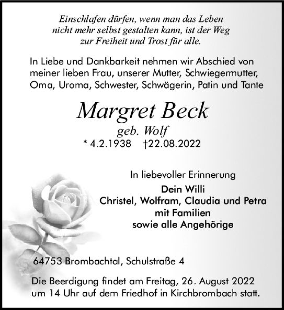 Traueranzeigen Von Margret Beck Vrm Trauer De