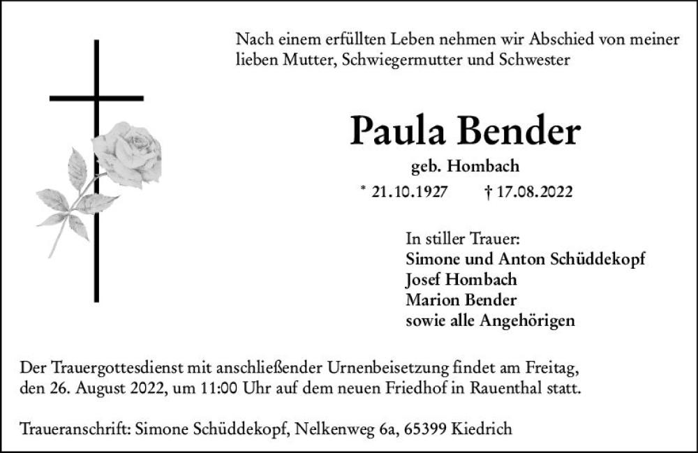 Traueranzeigen Von Paula Bender Vrm Trauer De