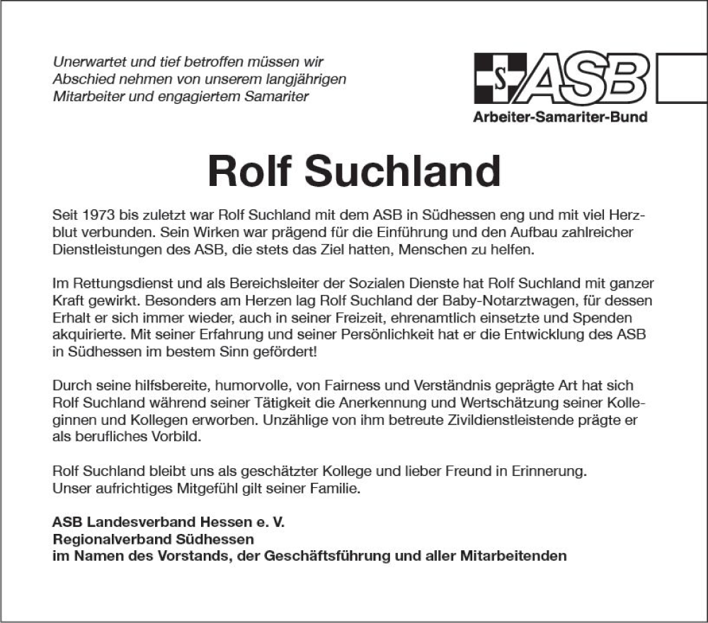 Traueranzeigen Von Rolf Suchland Vrm Trauer De