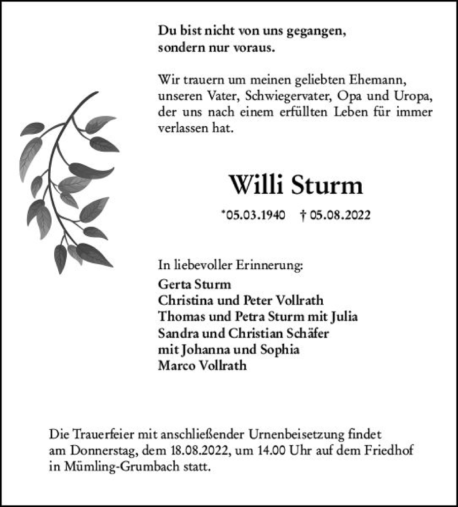 Traueranzeigen Von Willi Sturm Vrm Trauer De