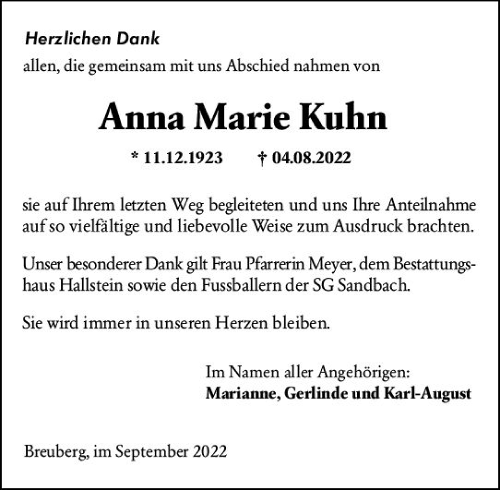 Traueranzeigen Von Anna Marie Kuhn Vrm Trauer De