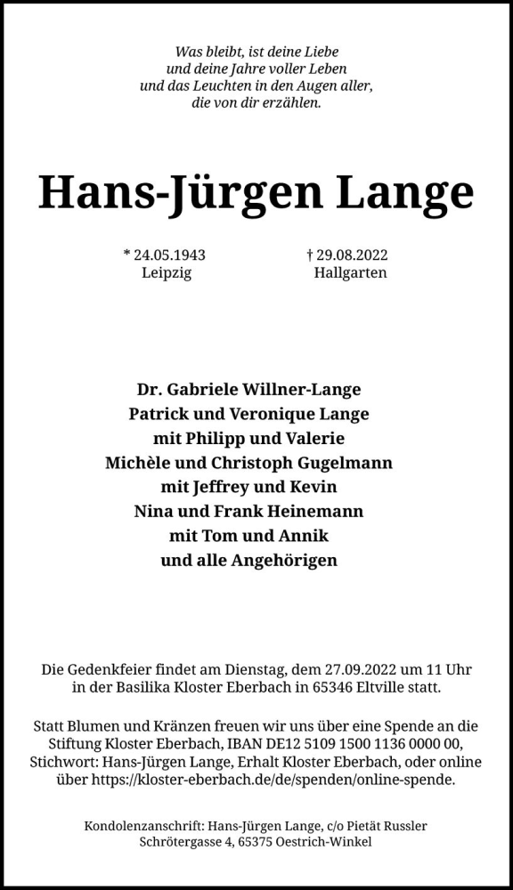 Traueranzeigen Von Hans J Rgen Lange Vrm Trauer De