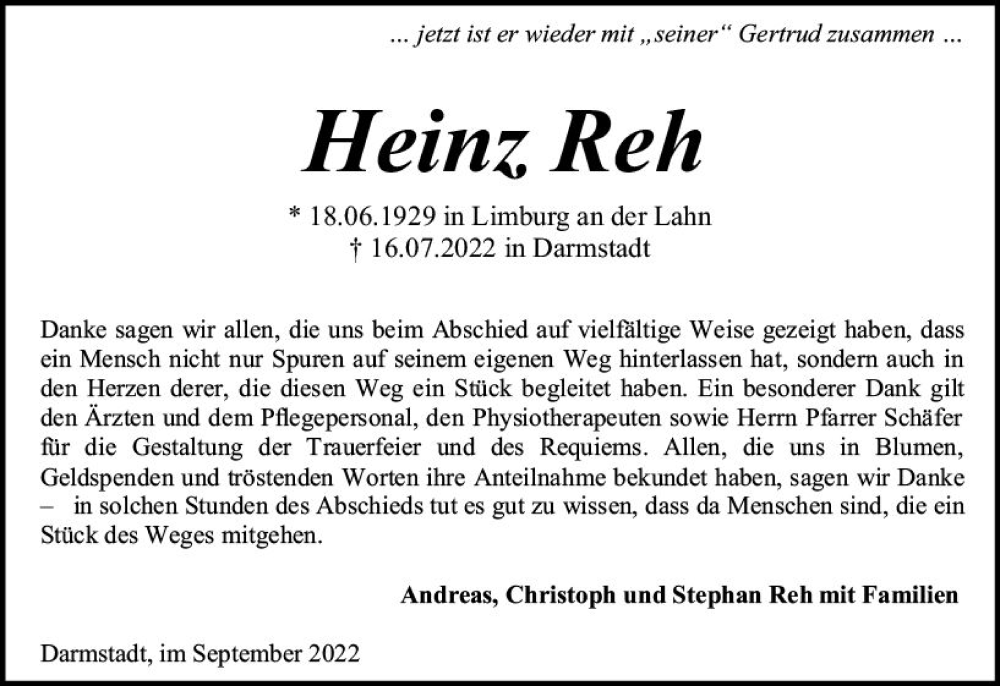 Traueranzeigen Von Heinz Reh Vrm Trauer De