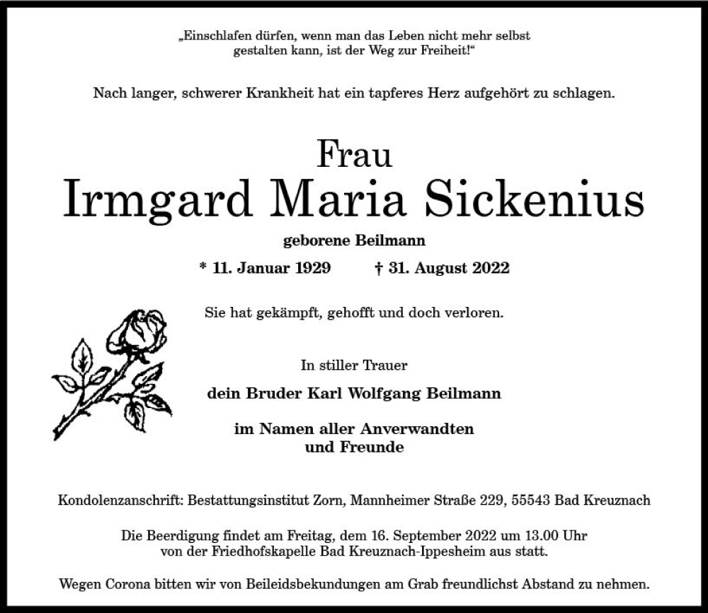 Traueranzeigen Von Irmgard Maria Sickenius Vrm Trauer De