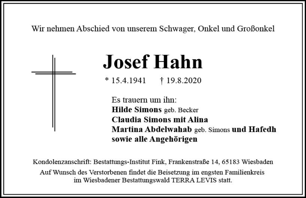 Traueranzeigen Von Josef Hahn Vrm Trauer De