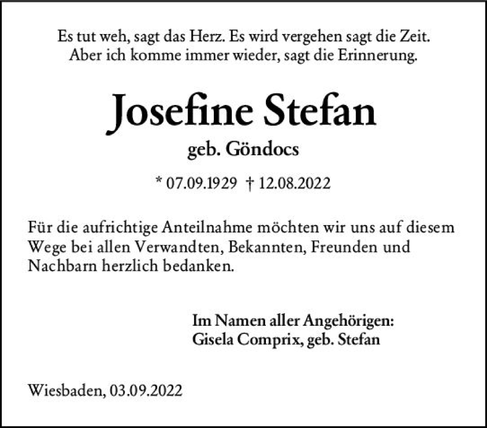 Traueranzeigen Von Josefine Stefan Vrm Trauer De